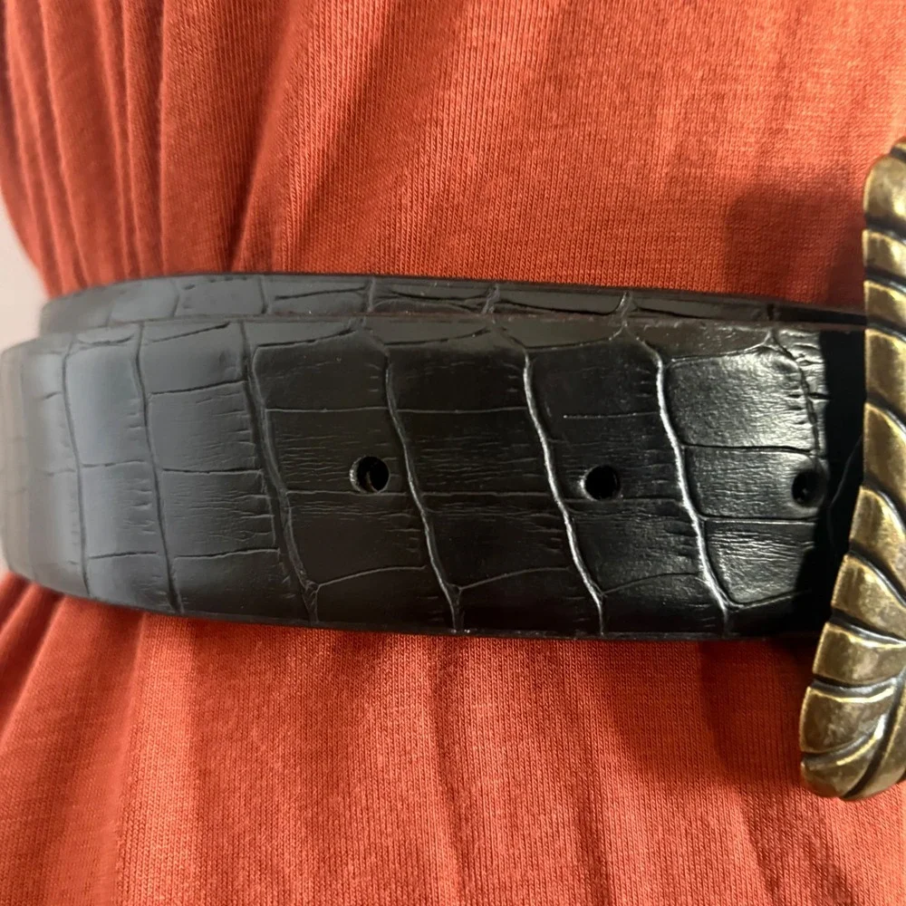 Adrienne Landau Studio Black Croc‎ Embossed Leather Belt Bronze Buckle Size L